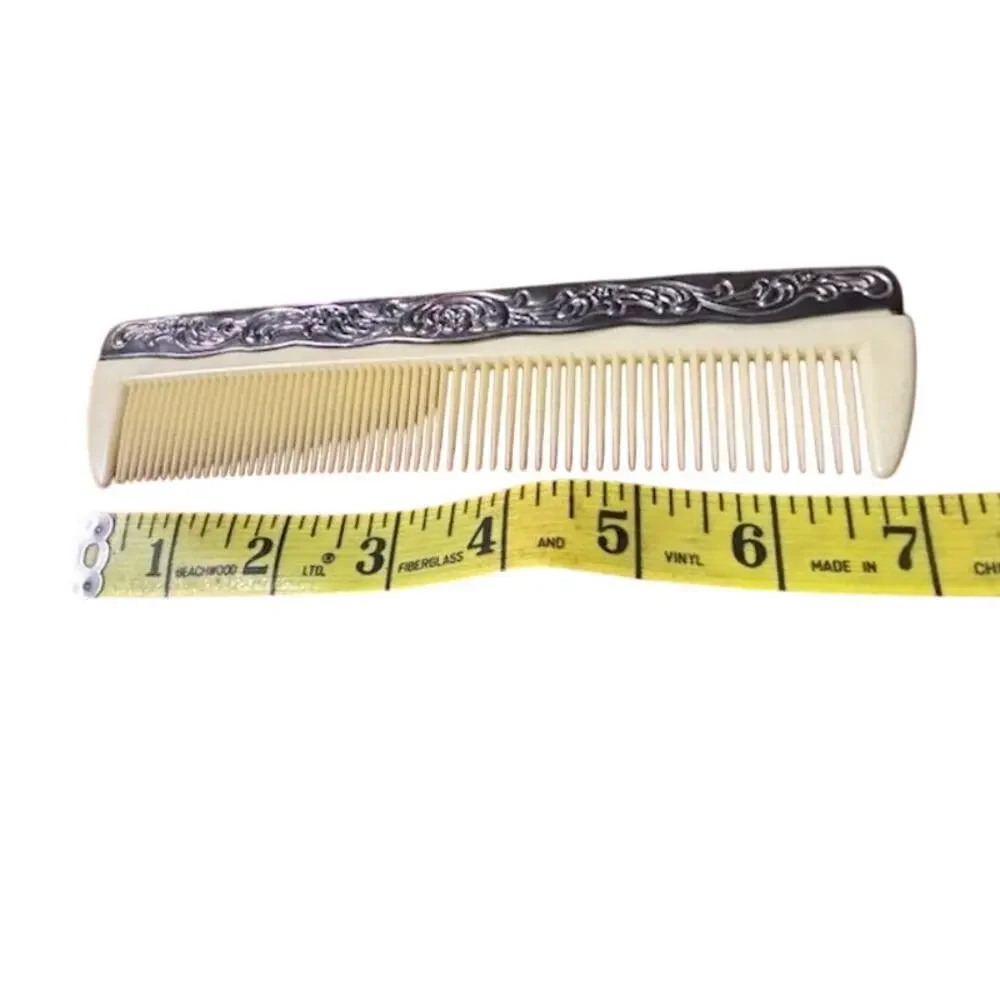 Vintage Ornate Hair Comb Faux Ivory Celluloid Look Silver Tone Floral 7 Inch